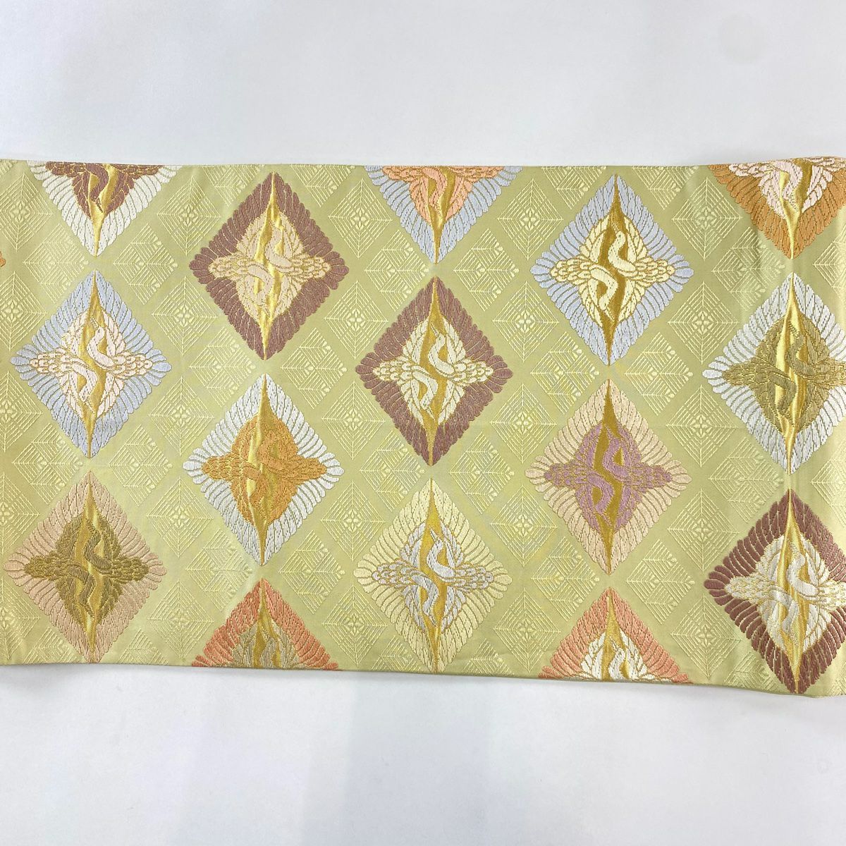 【庫存清倉】 【美品】 袋帶 名品級 向鳥 菱 金金箔 抹茶 深綠 六通 純蠶絲