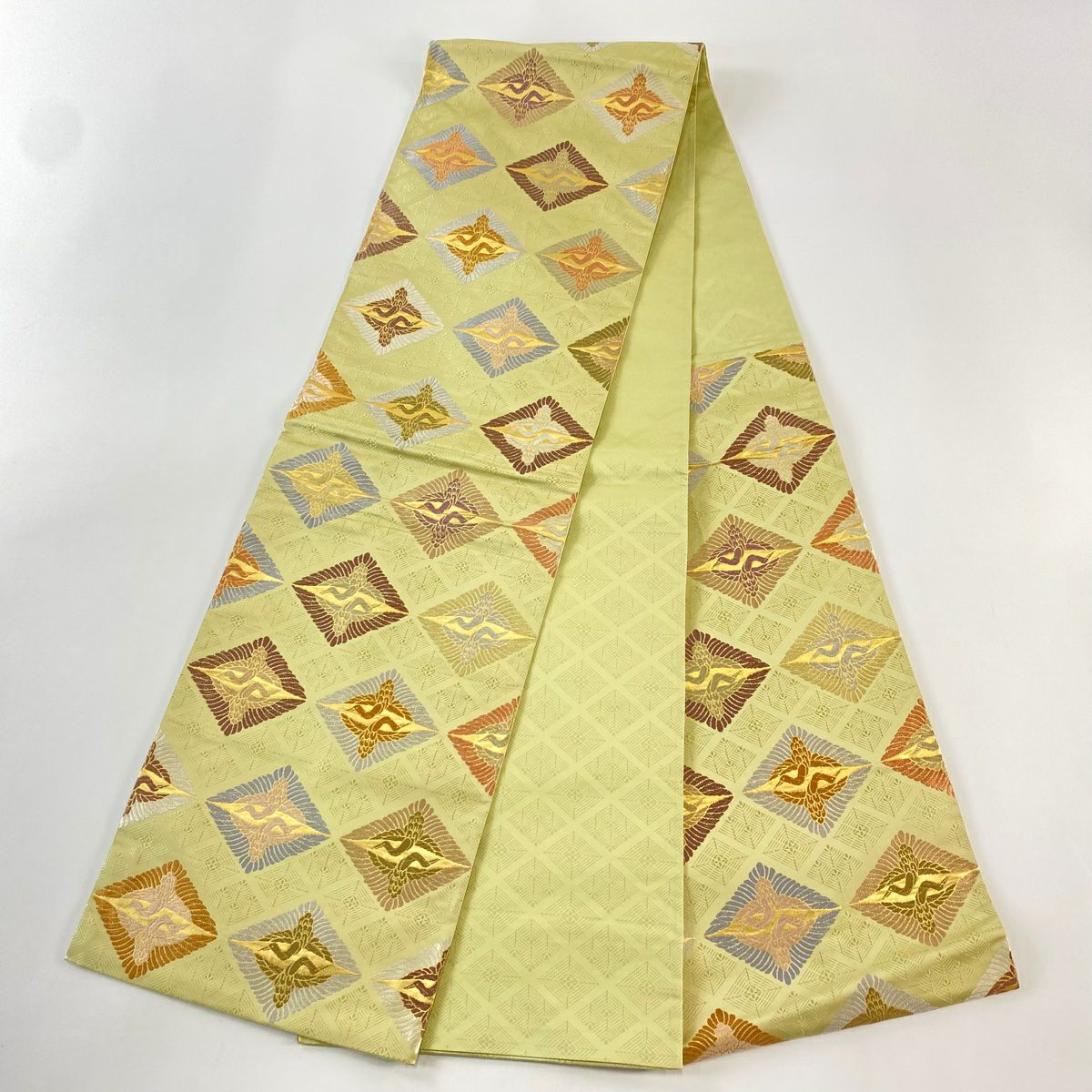 【庫存清倉】 【美品】 袋帶 名品級 向鳥 菱 金金箔 抹茶 深綠 六通 純蠶絲