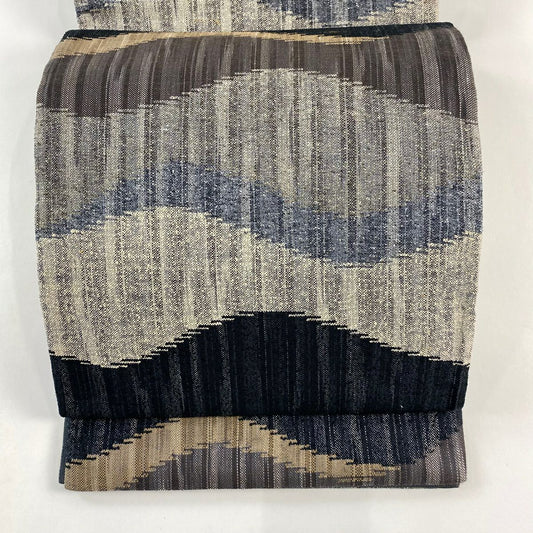 【庫存清倉】 【美品】 袋帶 名品級 證書齊全 條紋 幾何圖案 灰茶 六通 純蠶絲