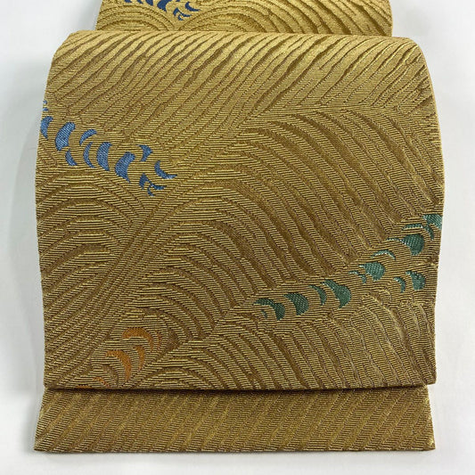 【庫存清倉】 【美品】 袋帶 名品級 花井幸子 落款あり 波 金華山織 金金箔 金色 六通 純蠶絲