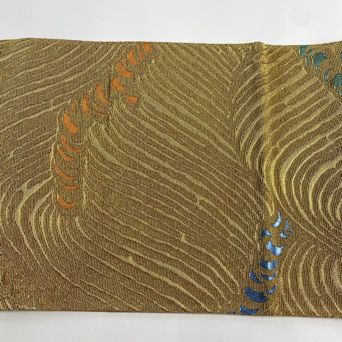 【庫存清倉】 【美品】 袋帶 名品級 花井幸子 落款あり 波 金華山織 金金箔 金色 六通 純蠶絲