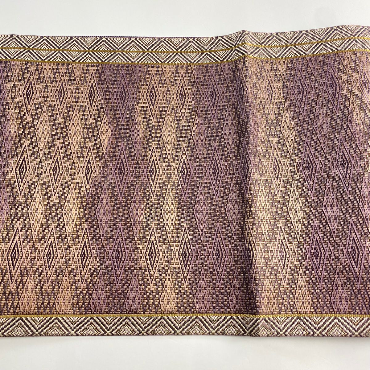 【清倉特賣】 【美品】 袋帶 名品級 入子菱 縞 金絲 紫 六通 純蠶絲