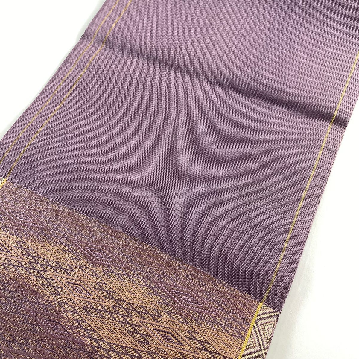【清倉特賣】 【美品】 袋帶 名品級 入子菱 縞 金絲 紫 六通 純蠶絲