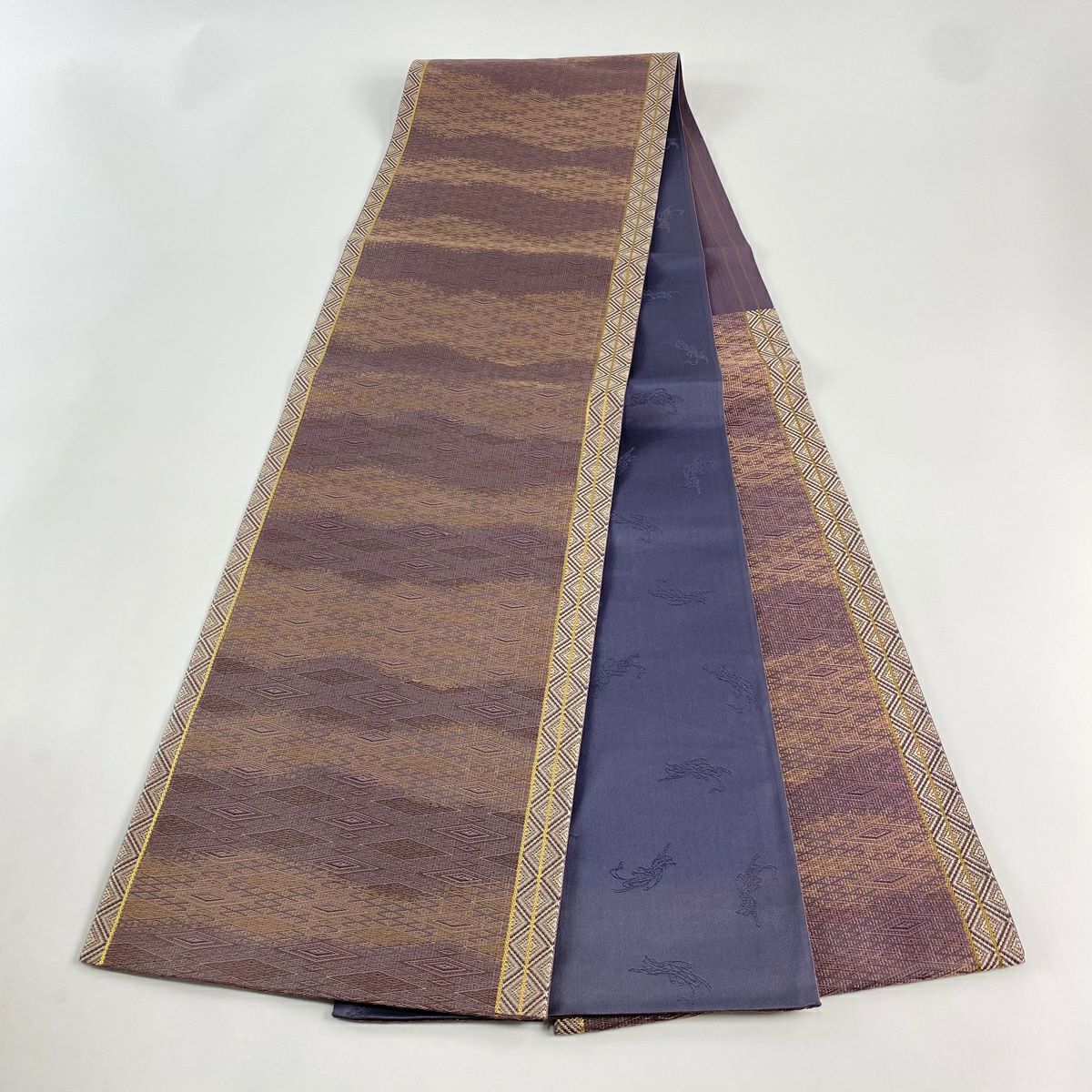 【清倉特賣】 【美品】 袋帶 名品級 入子菱 縞 金絲 紫 六通 純蠶絲