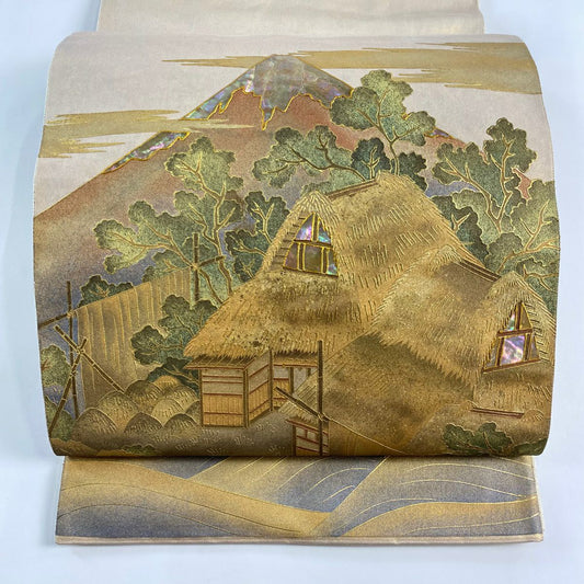 【庫存清倉】 袋帶 名品級 附落款 關西仕立 建築 船 金銀彩 金色 大鼓圖案 純蠶絲