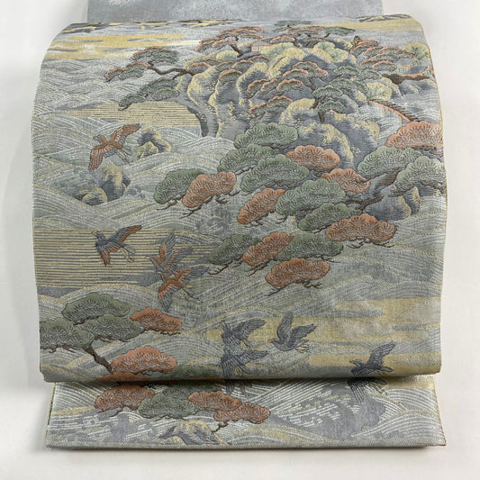 【庫存清倉】 袋帶 名品級 笠松樹 鳥 金金箔 灰色 大鼓圖案 純蠶絲