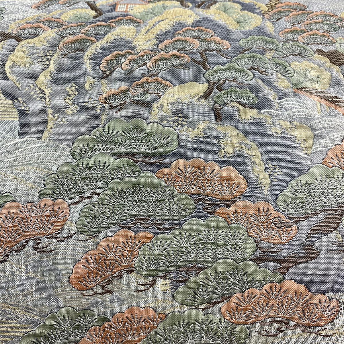 【庫存清倉】 袋帶 名品級 笠松樹 鳥 金金箔 灰色 大鼓圖案 純蠶絲