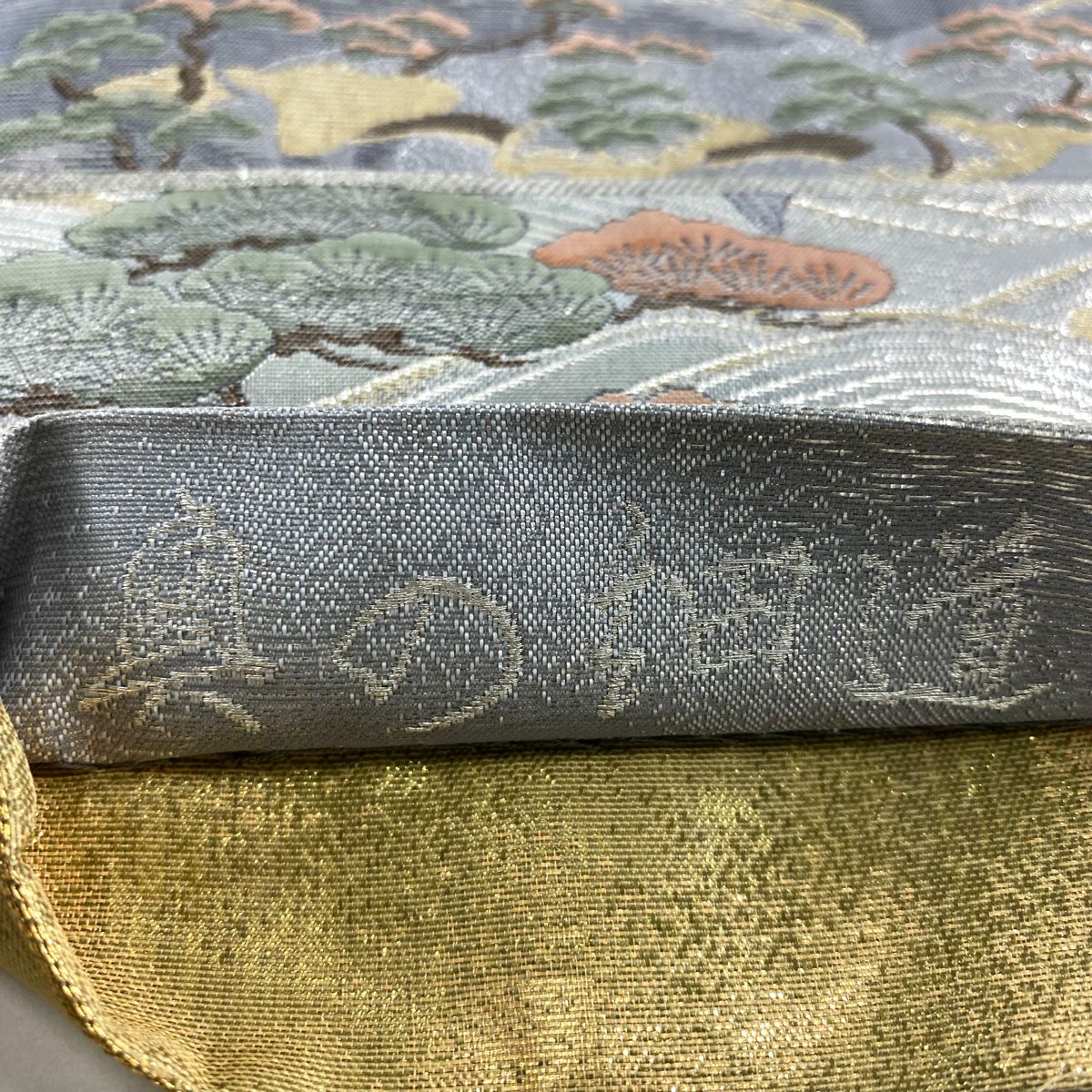 【庫存清倉】 袋帶 名品級 笠松樹 鳥 金金箔 灰色 大鼓圖案 純蠶絲