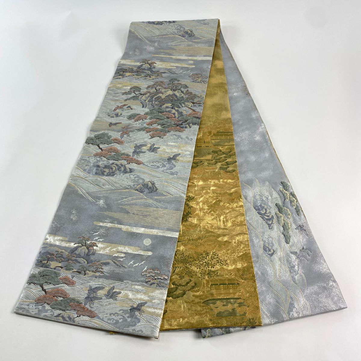 【庫存清倉】 袋帶 名品級 笠松樹 鳥 金金箔 灰色 大鼓圖案 純蠶絲