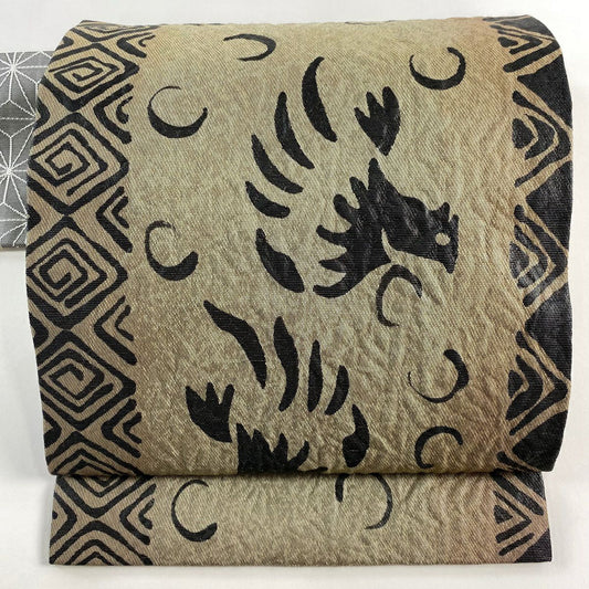 【美品】名古屋帶 名品級 鳥 菱 金通 金金箔 灰茶 純蠶絲