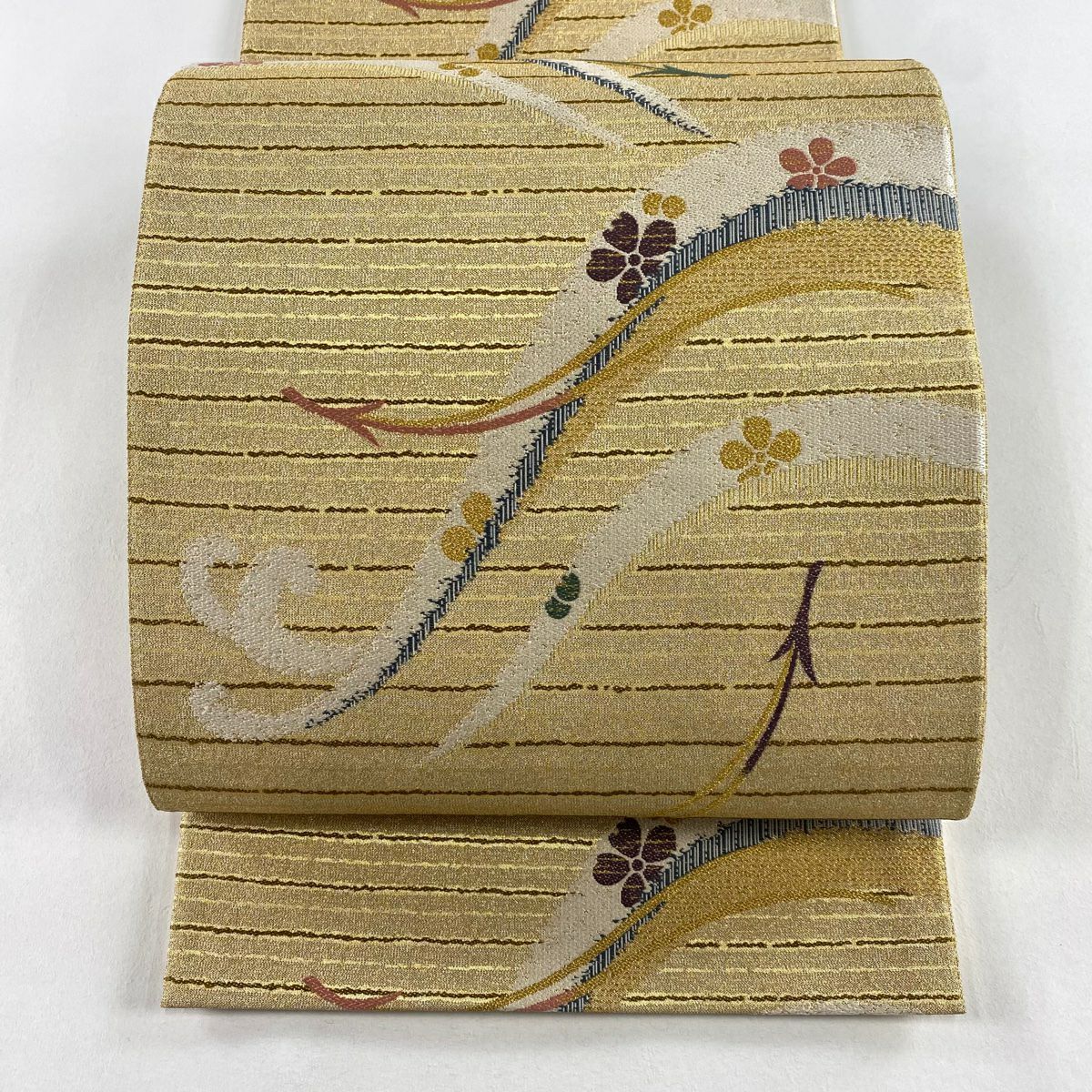 【美品】 袋帶 秀品級 松樹葉 縞 金絲 金金箔 金 六通 純蠶絲