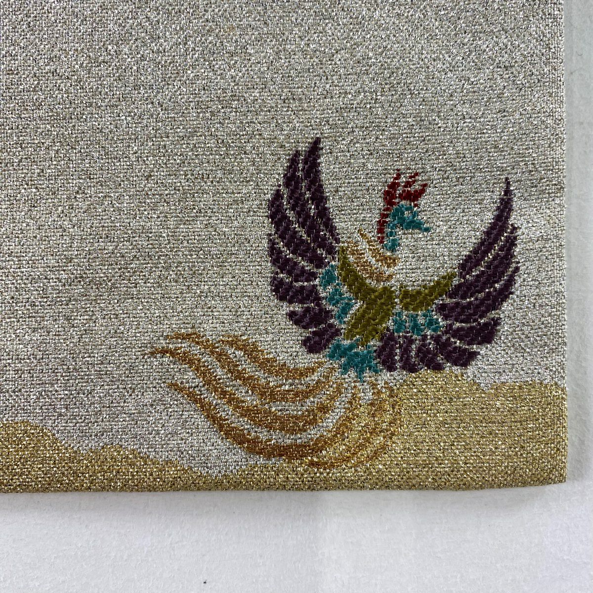 【美品】 袋帶 秀品級 幾何圖案 金金箔 銀 六通 純蠶絲