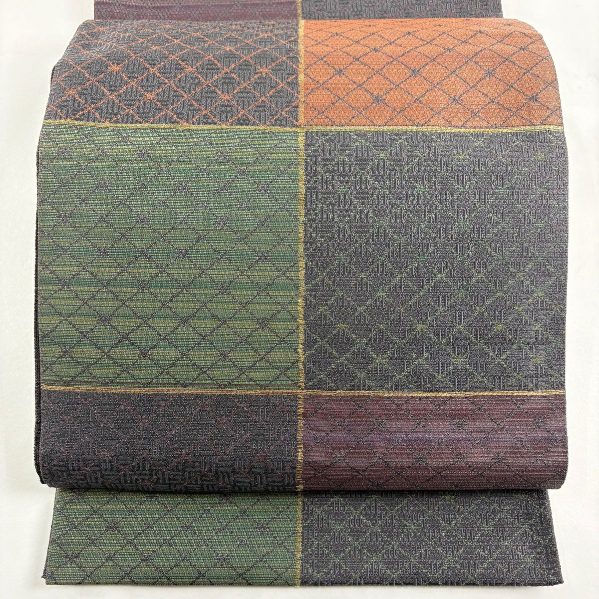 【美品】 袋帶 秀品級 市松樹 斜格子 金金箔 灰紫 六通 純蠶絲