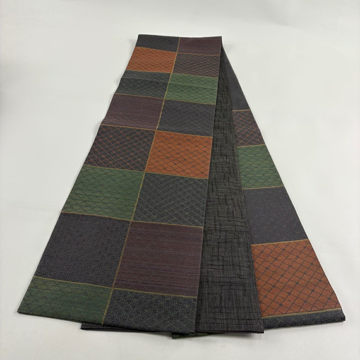 【美品】 袋帶 秀品級 市松樹 斜格子 金金箔 灰紫 六通 純蠶絲