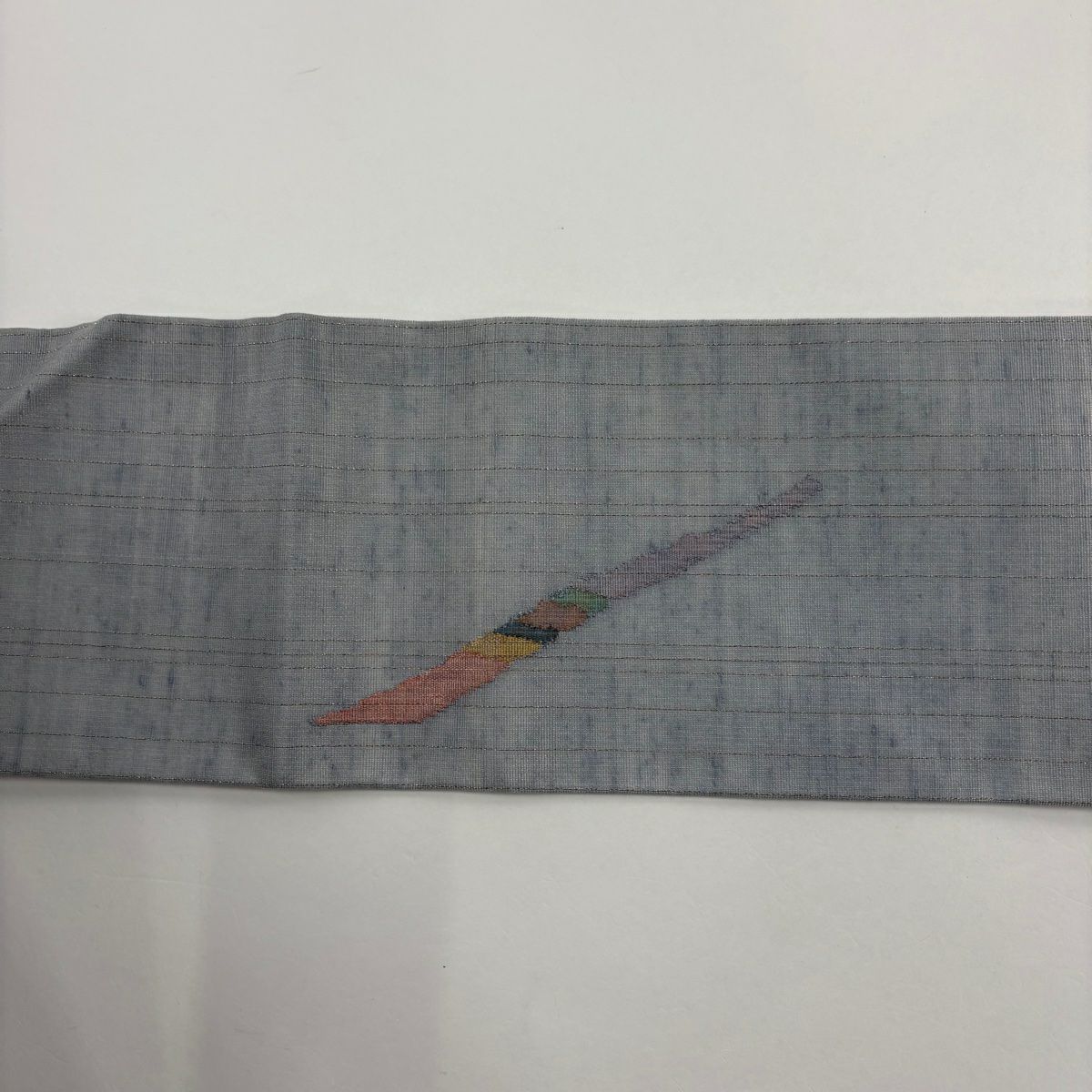 名古屋帶 秀品級 夏紬織織 幾何學 縞 金銀彩 青灰 純蠶絲