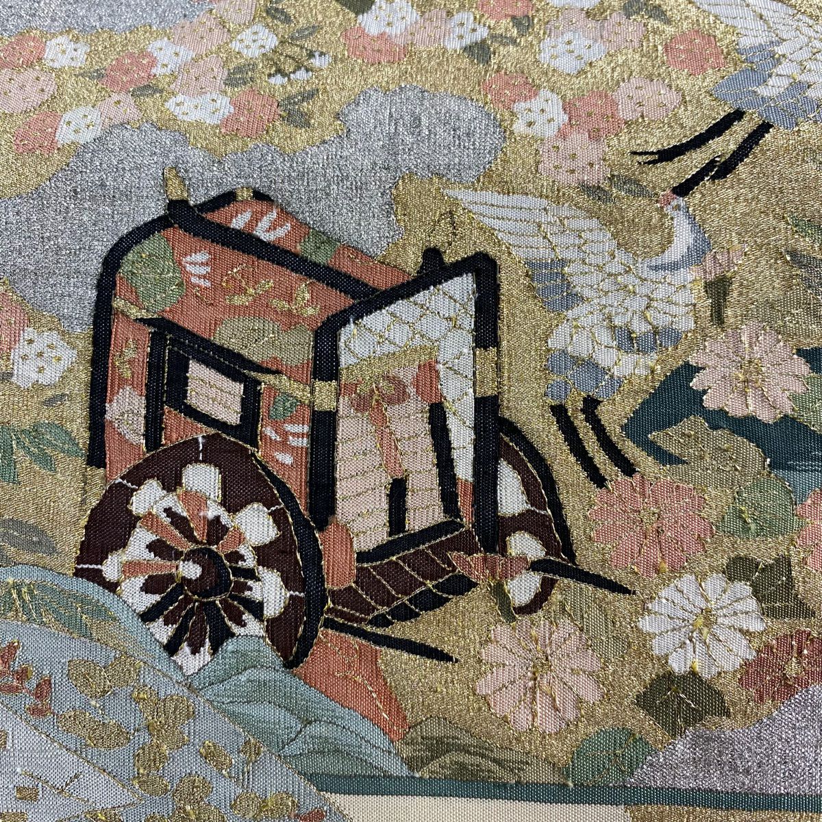 【庫存清倉】 袋帶 名品級 扇子子 御所車 金銀絲 綴織 米色 大鼓圖案 純蠶絲