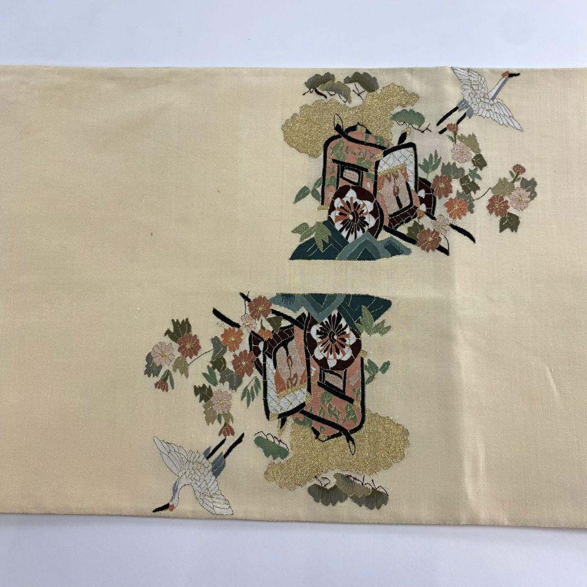 【庫存清倉】 袋帶 名品級 扇子子 御所車 金銀絲 綴織 米色 大鼓圖案 純蠶絲