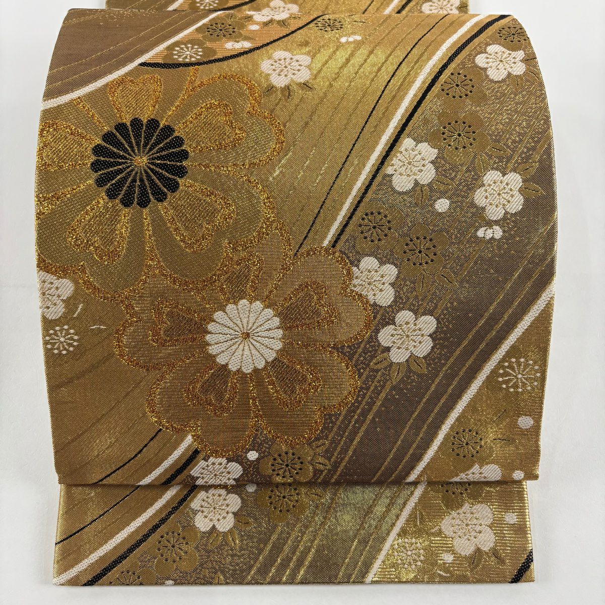 【美品】 袋帶 秀品級櫻花 菊花花 金絲 金金箔 金 六通 純蠶絲