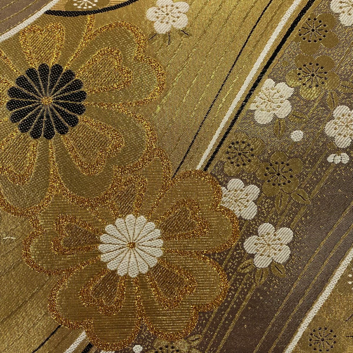 【美品】 袋帶 秀品級櫻花 菊花花 金絲 金金箔 金 六通 純蠶絲
