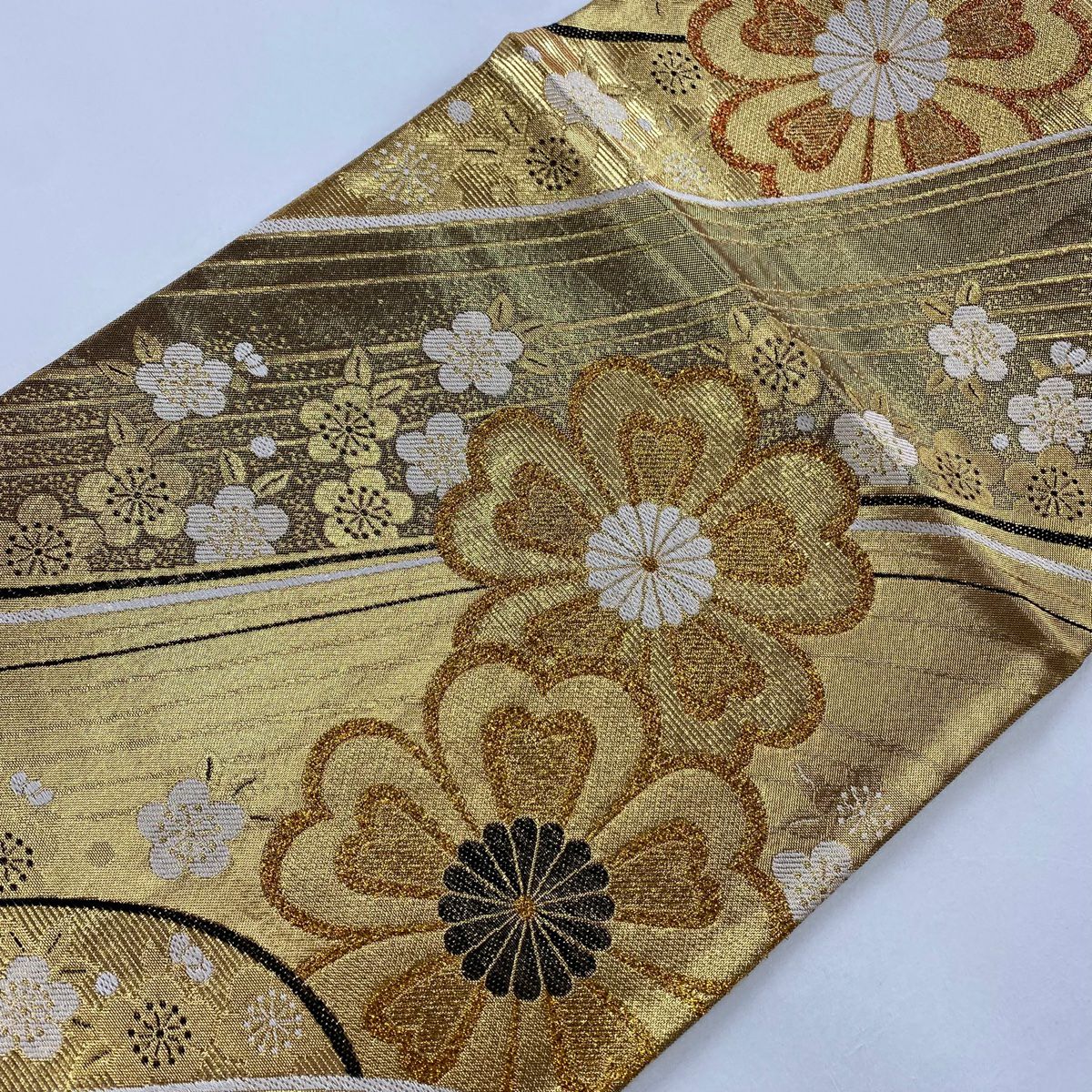 【美品】 袋帶 秀品級櫻花 菊花花 金絲 金金箔 金 六通 純蠶絲