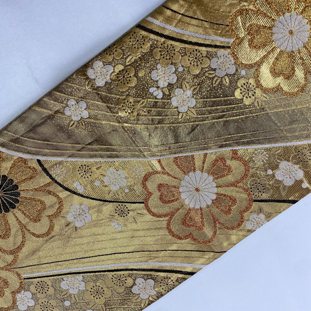 【美品】 袋帶 秀品級櫻花 菊花花 金絲 金金箔 金 六通 純蠶絲