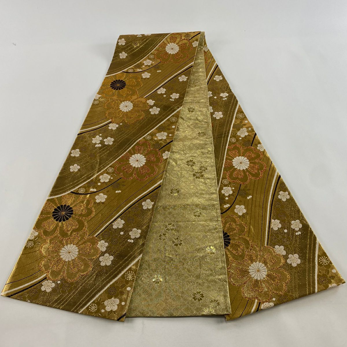 【美品】 袋帶 秀品級櫻花 菊花花 金絲 金金箔 金 六通 純蠶絲