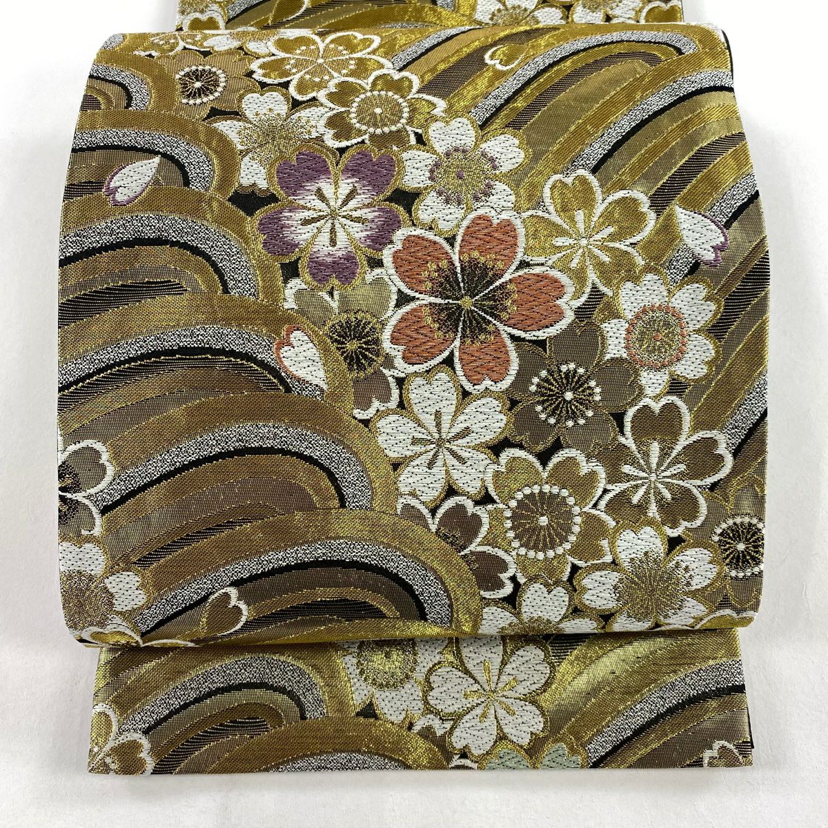 袋帶 秀品級 樱花 波紋 金金箔 拉麵絲 金色 六通 純蠶絲