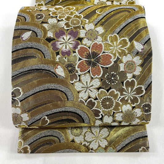 袋帶 秀品級 樱花 波紋 金金箔 拉麵絲 金色 六通 純蠶絲