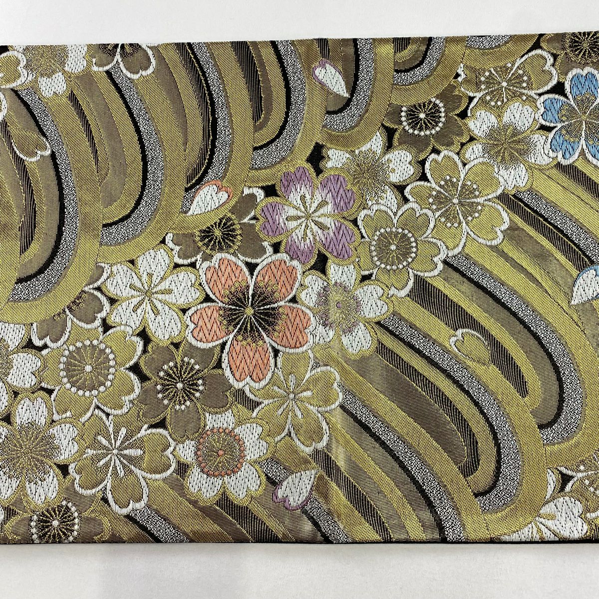 袋帶 秀品級 樱花 波紋 金金箔 拉麵絲 金色 六通 純蠶絲
