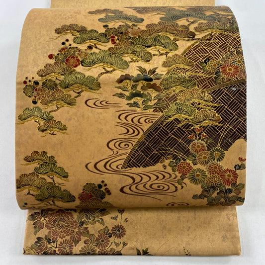 袋帶 秀品級 松樹梅花 流水 金銀彩 金茶 大鼓圖案 純蠶絲