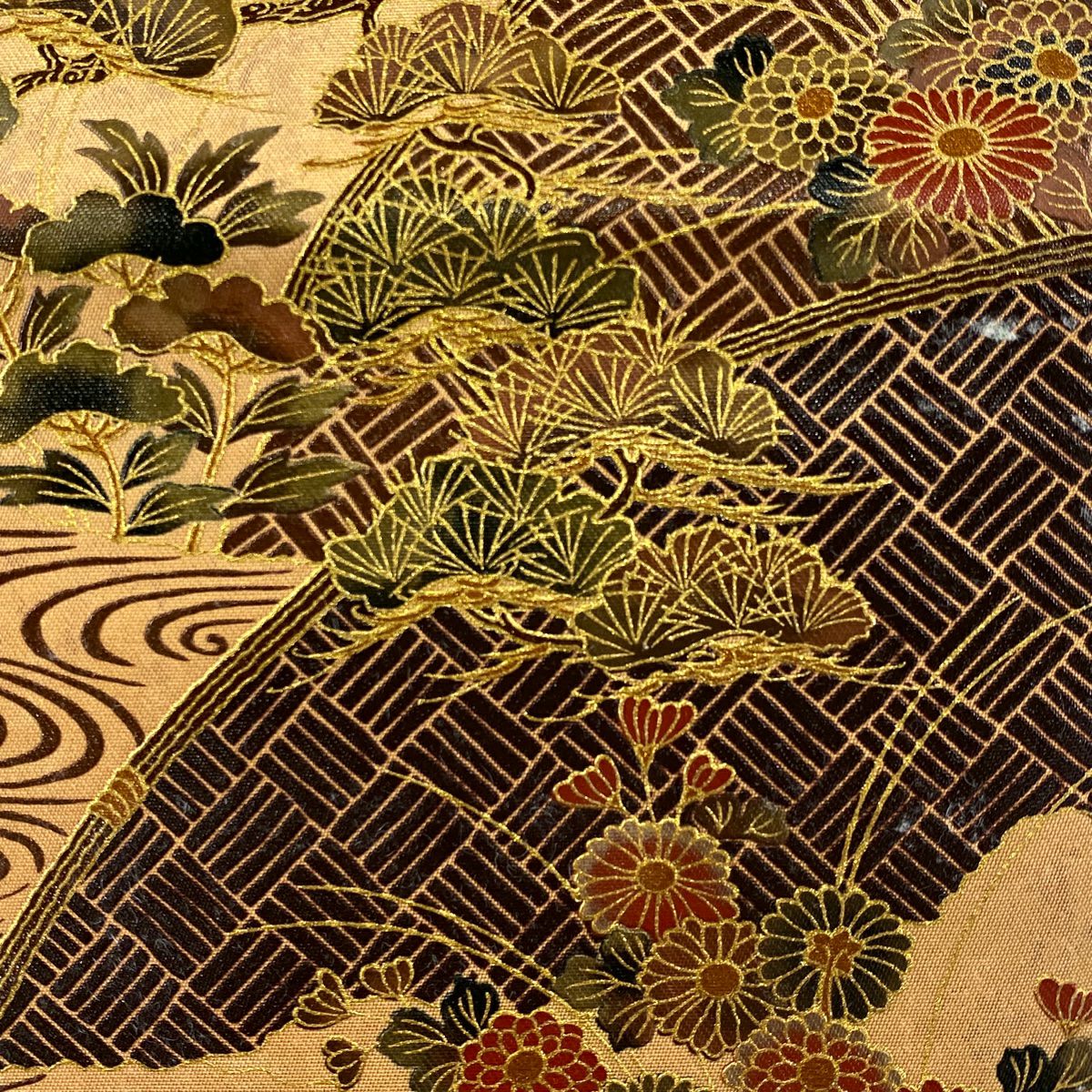 袋帶 秀品級 松樹梅花 流水 金銀彩 金茶 大鼓圖案 純蠶絲