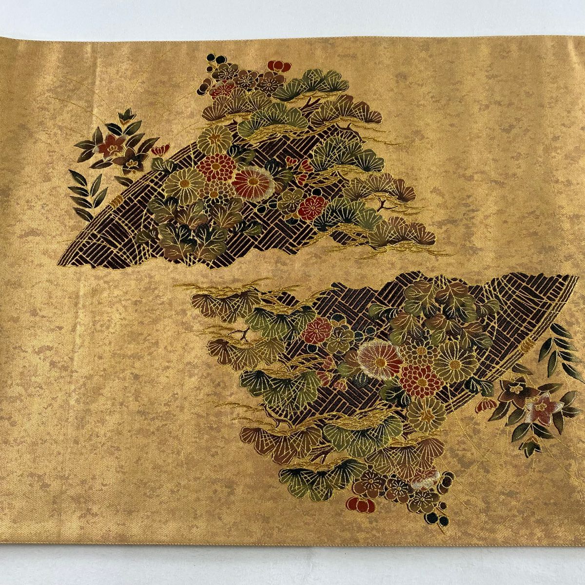 袋帶 秀品級 松樹梅花 流水 金銀彩 金茶 大鼓圖案 純蠶絲