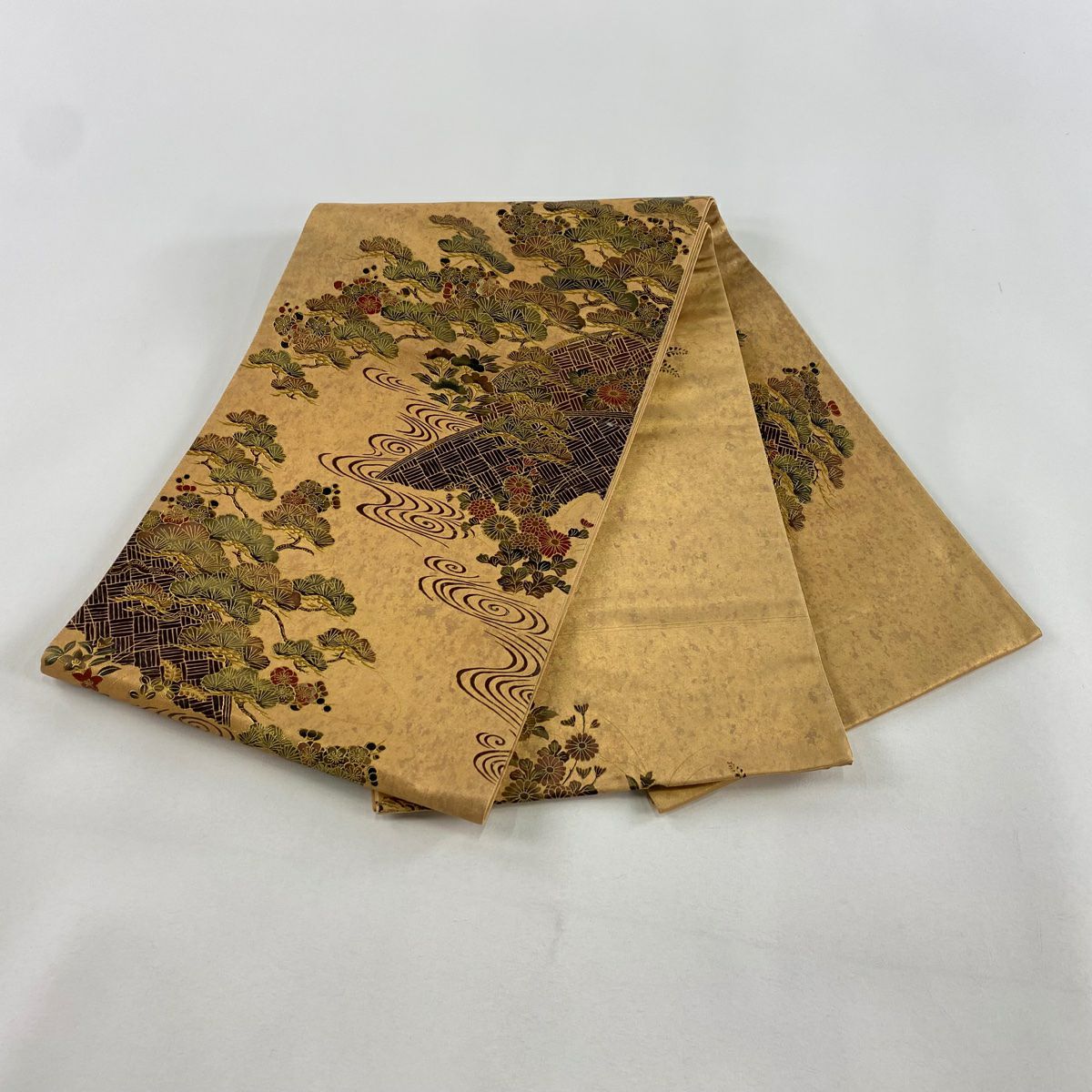 袋帶 秀品級 松樹梅花 流水 金銀彩 金茶 大鼓圖案 純蠶絲