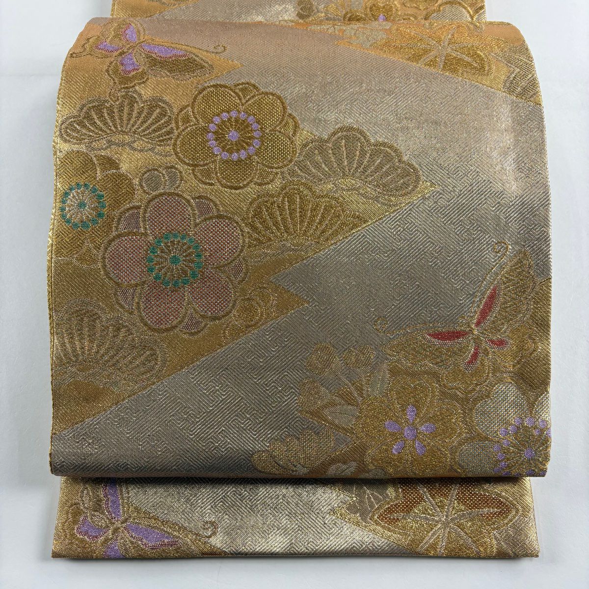 袋帶 秀品級 振袖禮服禮服用櫻楓 蝴蝶 金絲 金金箔 金色 六通 純蠶絲