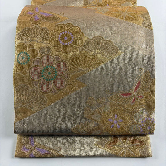 袋帶 秀品級 振袖禮服禮服用櫻楓 蝴蝶 金絲 金金箔 金色 六通 純蠶絲