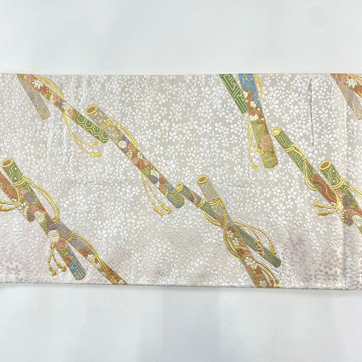 【庫存清倉】 袋帶 名品級 卷物 櫻花 金絲 金金箔 粉米色 六通 純蠶絲