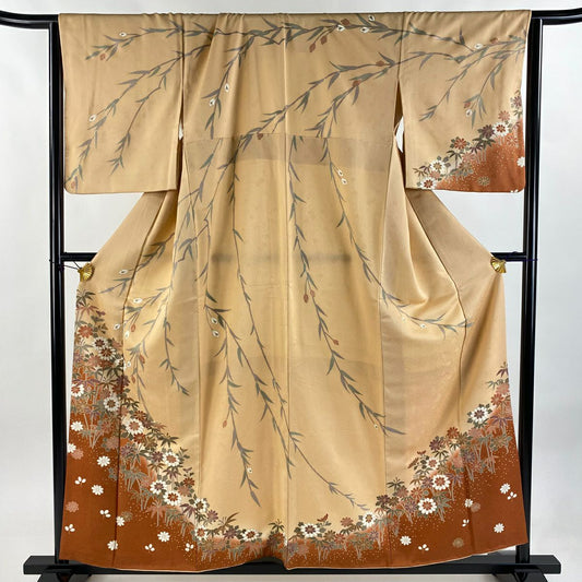 【庫存清倉】訪問服 身長158cm 袖長66cm M 雙層 草花紋紋 竹子 銀線 金銀彩 淺橙色 純蠶絲 名品級