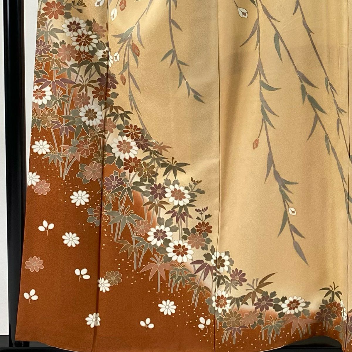 【庫存清倉】訪問服 身長158cm 袖長66cm M 雙層 草花紋紋 竹子 銀線 金銀彩 淺橙色 純蠶絲 名品級