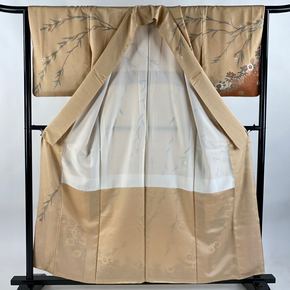 【庫存清倉】訪問服 身長158cm 袖長66cm M 雙層 草花紋紋 竹子 銀線 金銀彩 淺橙色 純蠶絲 名品級
