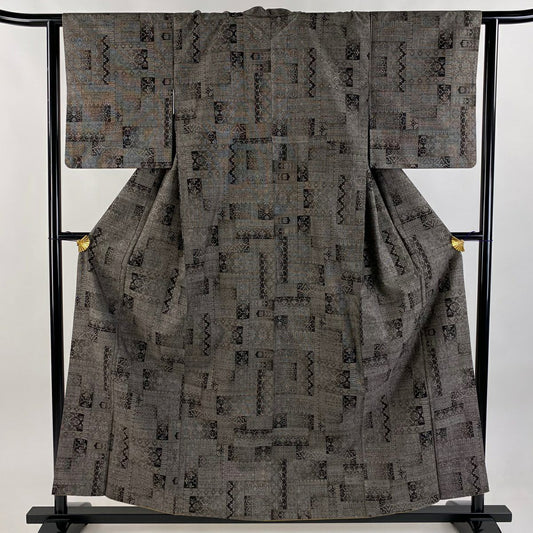 【清倉特賣】 【美品】 紬織 身長158.5cm 袖長63cm S 雙層 華紋 幾何圖案 焦茶 純蠶絲 名品級