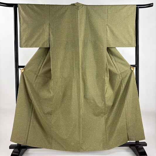【美品】 小紋 身長161.5cm 袖長63.5cm S 雙層 紬織織 幾何學 鶯 純蠶絲 名品級