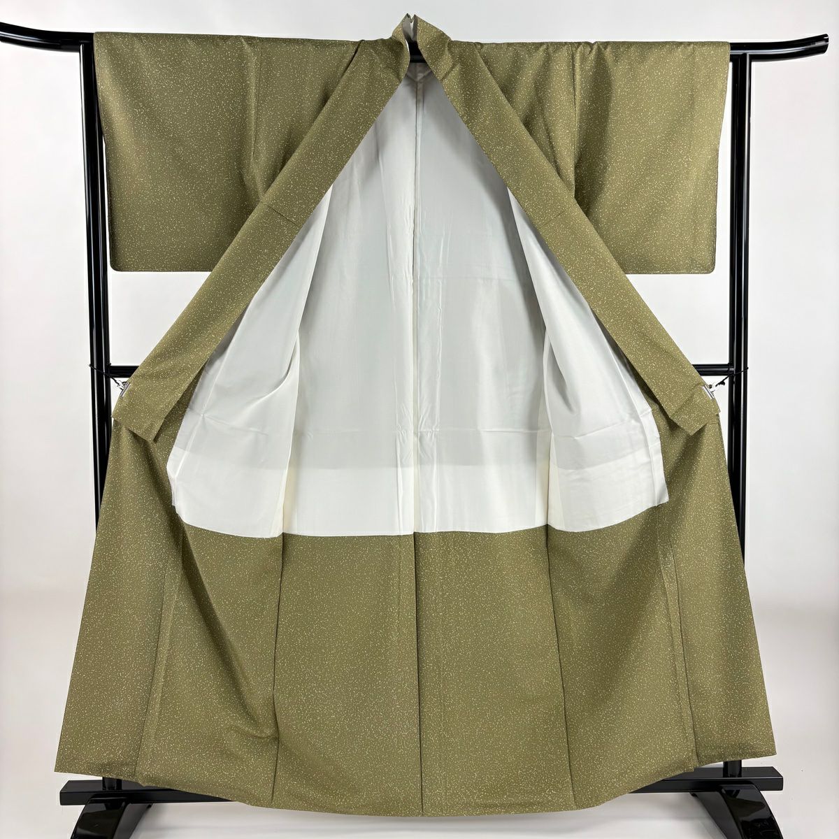 【美品】 小紋 身長161.5cm 袖長63.5cm S 雙層 紬織織 幾何學 鶯 純蠶絲 名品級