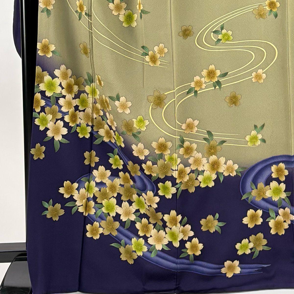 振袖禮服 身長165cm 袖長69cm L 雙層 附有落款 樱花 流水 染分 濃紫 純蠶絲 名品級
