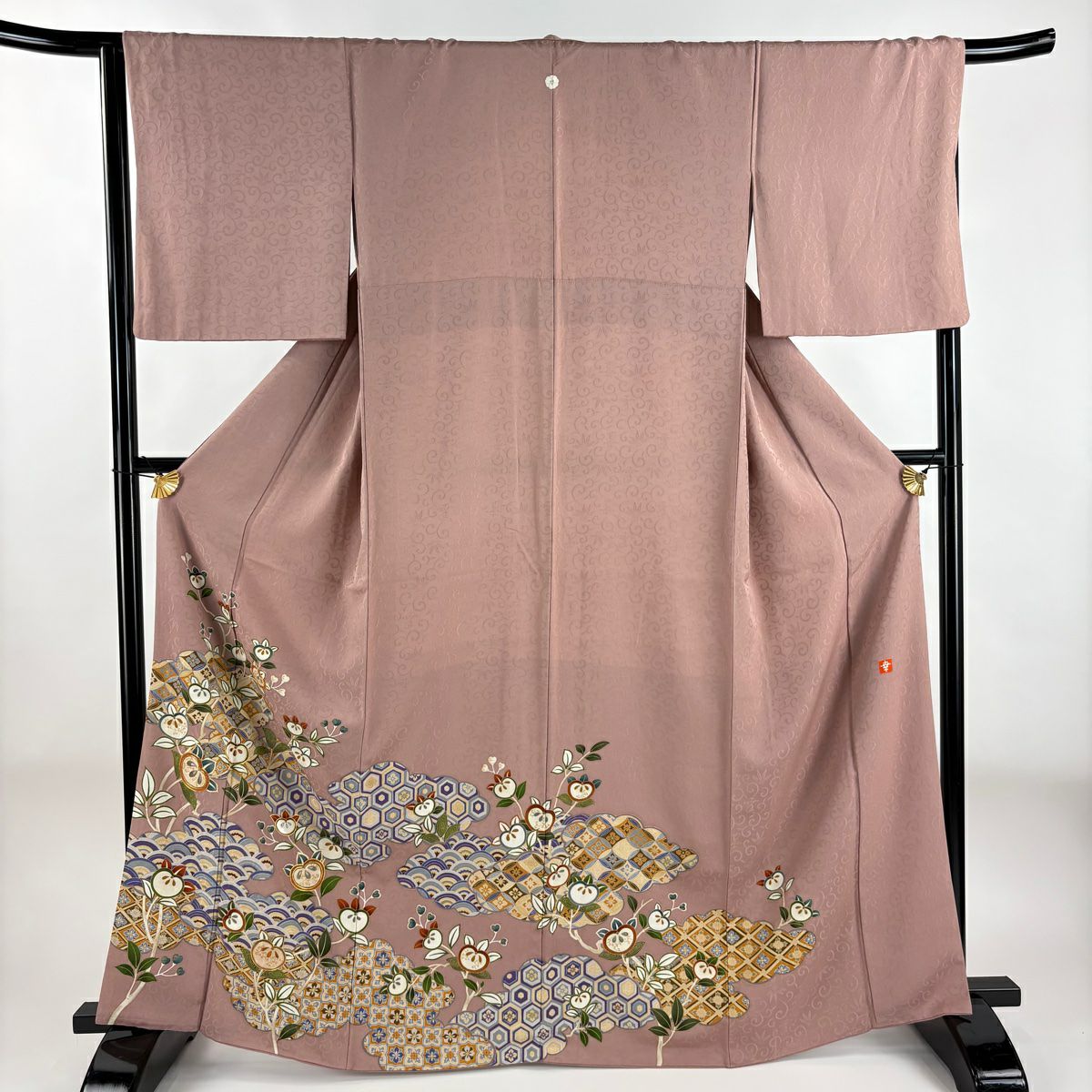 色留袖禮服 身長162.5cm 袖長66cm M 雙層 花井幸子 落款あり 雲文 橘花 刺繡 金糸 薄小豆 純蠶絲 名品級 一つ紋