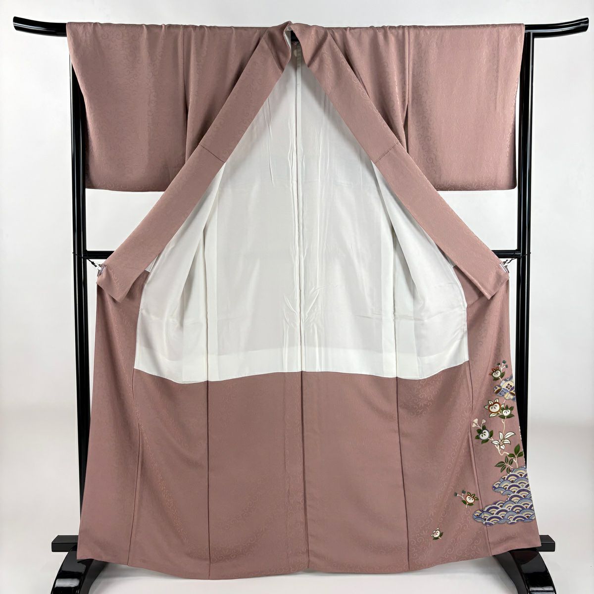 色留袖禮服 身長162.5cm 袖長66cm M 雙層 花井幸子 落款あり 雲文 橘花 刺繡 金糸 薄小豆 純蠶絲 名品級 一つ紋