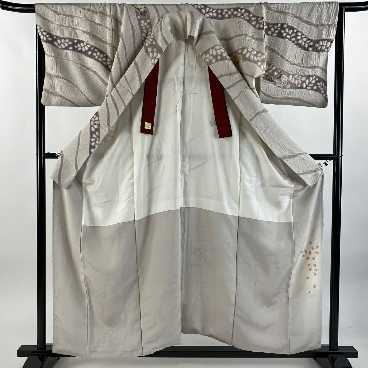 訪問服 身長156.5cm 袖長66.5cm M 雙層 辻花染 亂條紋 銀通 金銀彩 灰紫 純蠶絲 名品級