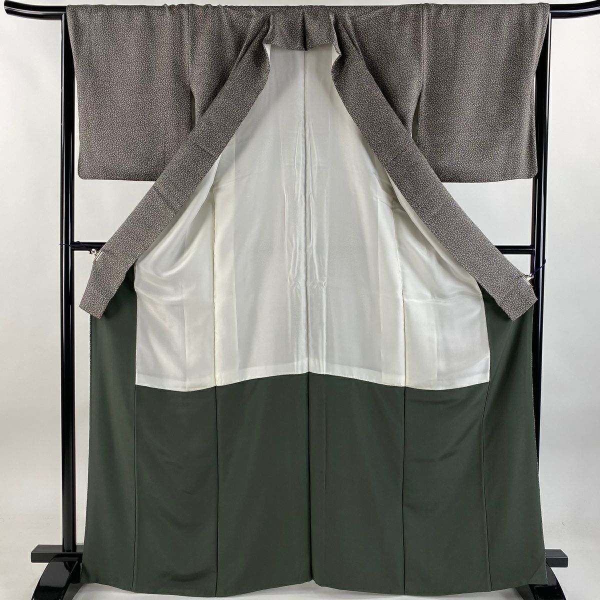 【庫存清倉】 【美品】 小紋 身長166cm 袖長65cm M 雙層 小花 深綠 純蠶絲 名品級