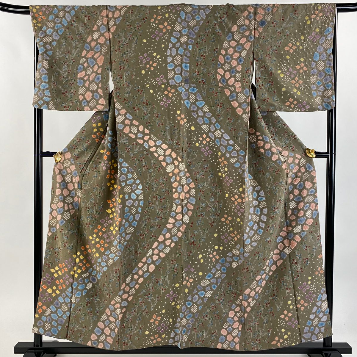 【庫存清倉】訪問服 身長155cm 袖長67cm M 雙層 萩花 絞染 灰茶 純蠶絲 名品級