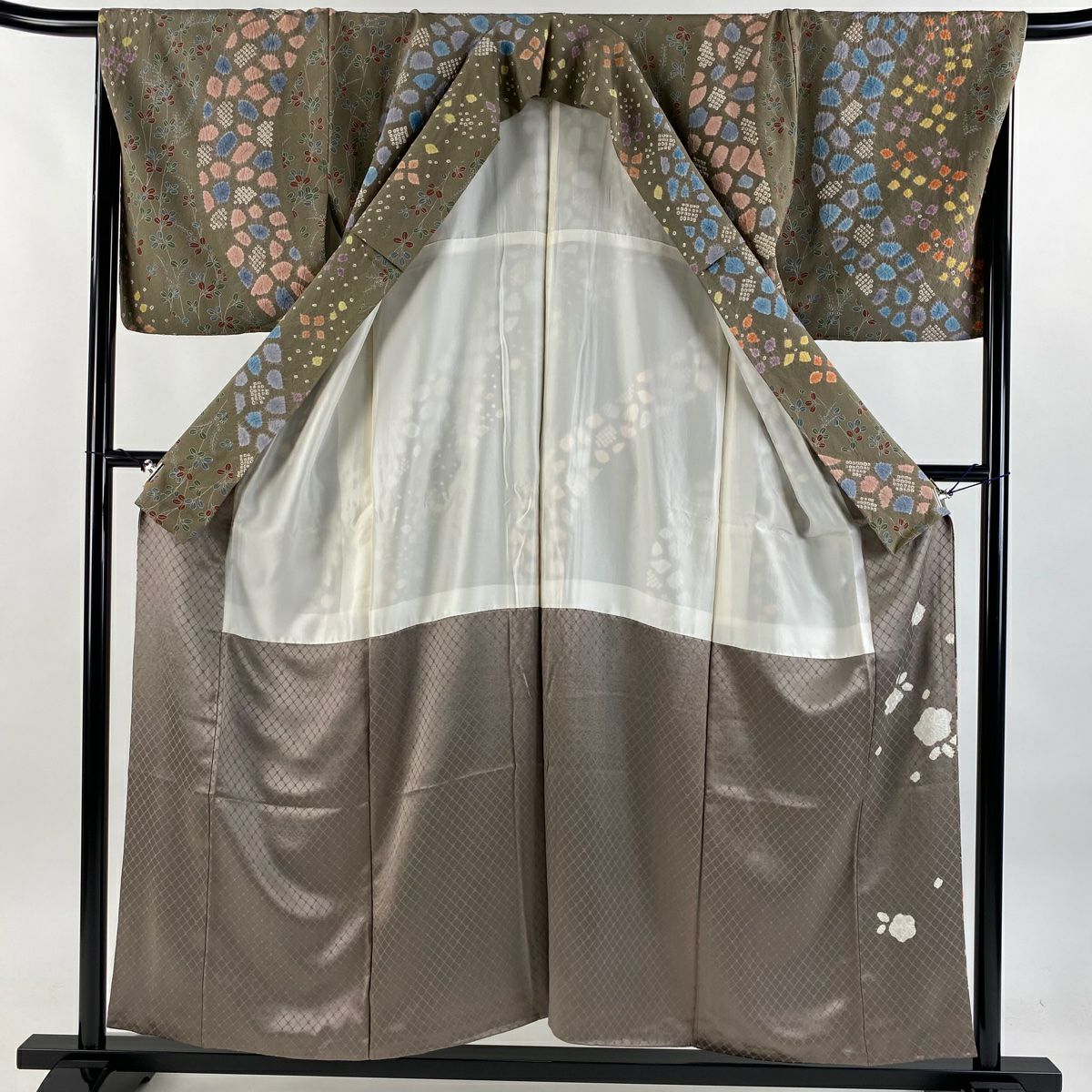 【庫存清倉】訪問服 身長155cm 袖長67cm M 雙層 萩花 絞染 灰茶 純蠶絲 名品級