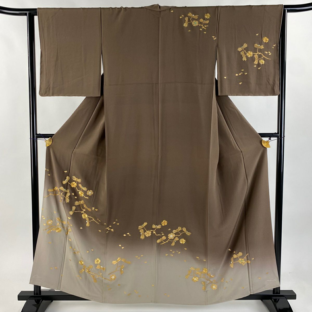 【庫存清倉】 【美品】 訪問服 身長158.5cm 袖長63cm S 雙層 若松樹 櫻花 金糸 刺繡 茶 純蠶絲 名品級